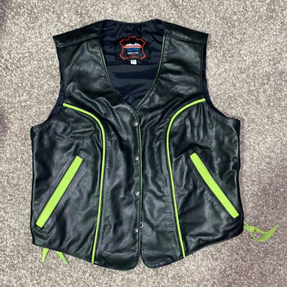 HILLSIDE Black Green Leather Biker Vest